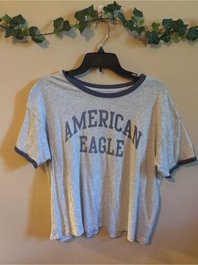 American Eagle Outfitters Gray Tee with Navy Trim and Print